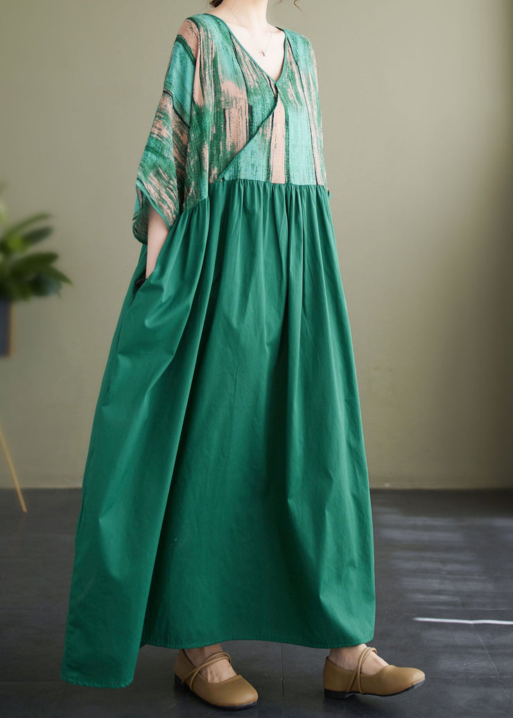 Plus Size Green V Neck Print Wrinkled Patchwork Cotton Long Dress Summer