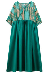 Plus Size Green V Neck Print Wrinkled Patchwork Cotton Long Dress Summer