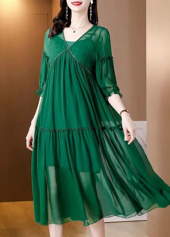 Plus Size Green V Neck Ruffled Chiffon Party Dress Bracelet Sleeve