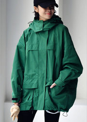 Plus Size Green Zippered Patchwork Drawstring Hooded Coats Fall