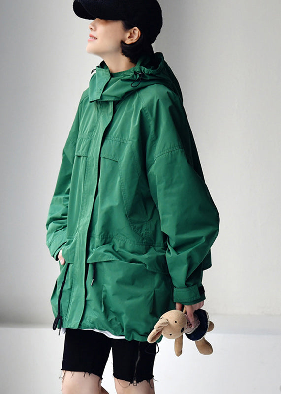 Plus Size Green Zippered Patchwork Drawstring Hooded Coats Fall