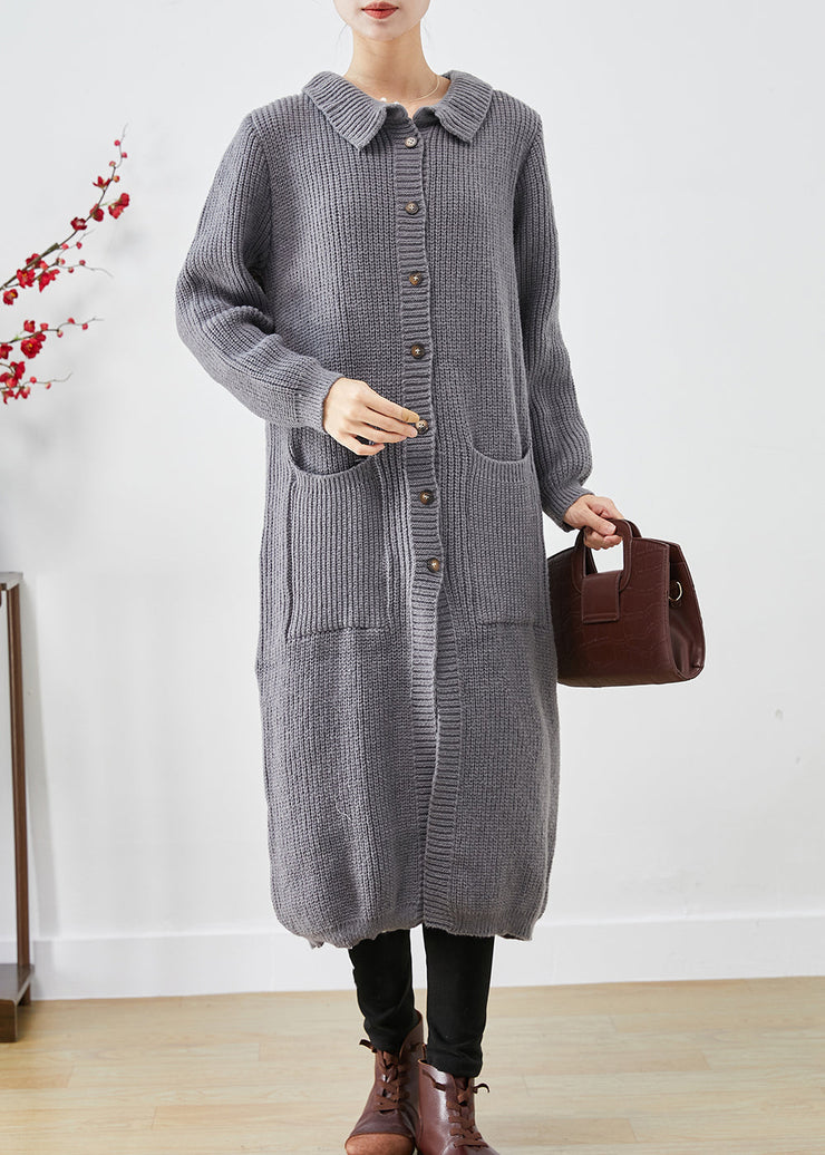 Plus Size Grey Button Down Pockets Knit Long Coats Fall