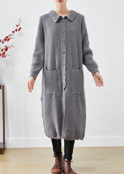 Plus Size Grey Button Down Pockets Knit Long Coats Fall