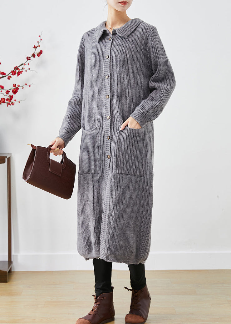 Plus Size Grey Button Down Pockets Knit Long Coats Fall