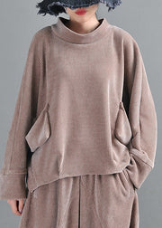 Plus Size Grey Camel Turtleneck Pockets Velour Top Long Sleeve