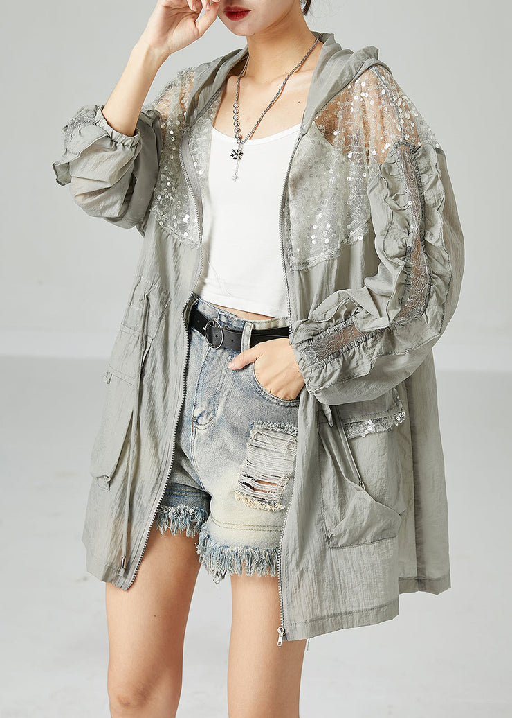 Plus Size Grey Hooded Sequins Patchwork Drawstring UPF 50+ Coat Jacket Summer