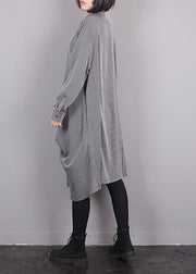 Plus Size Grey O-Neck Asymmetrical Striped Button Maxi Dress Fall