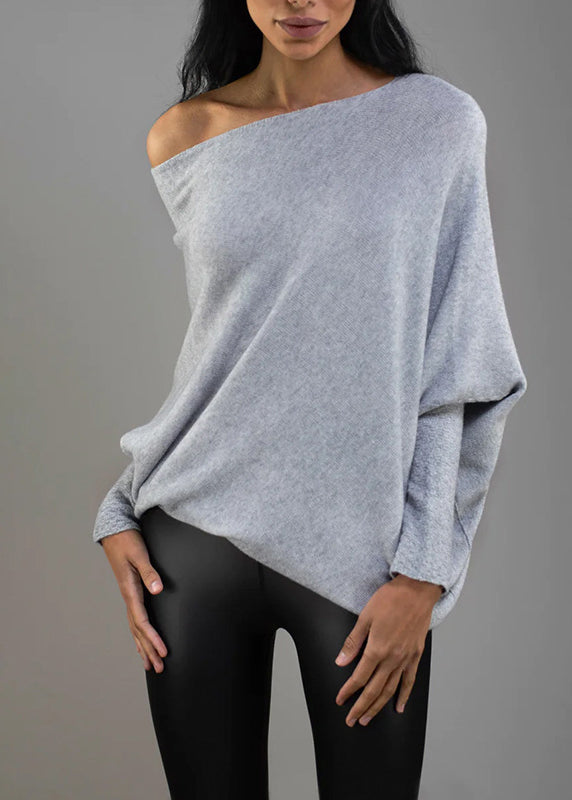 Plus Size Grey O Neck Knit Pullover Batwing Sleeve