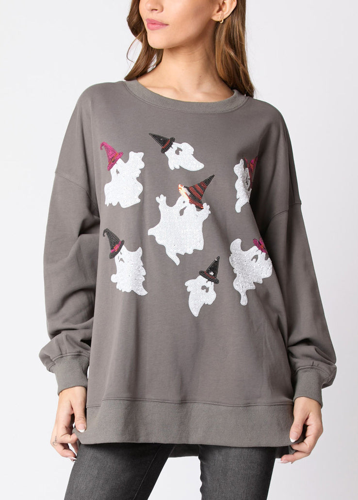 Plus Size Grey O Neck Print Cotton Sweatshirts Fall