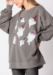 Plus Size Grey O Neck Print Cotton Sweatshirts Fall