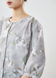 Plus Size Grey O-Neck Print Linen Blouses Half Sleeve