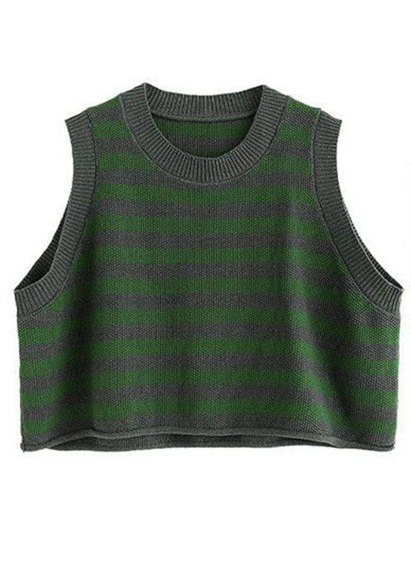 Plus Size Grey O-Neck Striped Knit Vest Spring