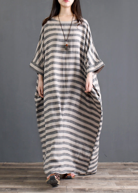 Plus Size Grey O Neck Striped Pockets Patchwork Cotton Long Dresses Spring