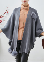 Plus Size Grey Oversized Fuzzy Ball Decorated Knit Cardigan Fall