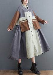 Plus Size Grey Oversized Patchwork Cotton Shirt Dress Spring