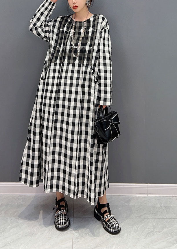 Plus Size Grey Oversized Plaid Cotton Beach Dress Spring