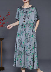 Plus Size Grey Oversized Print Silk Long Dress Summer