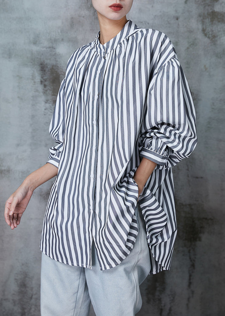 Plus Size Grey Oversized Striped Cotton Shirt Spring