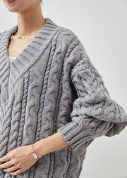 Plus Size Grey Oversized Thick Cable Knit Sweater Tops Winter