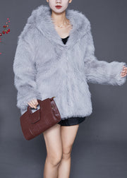 Plus Size Grey Oversized Warm Fuzzy Fur Fluffy Hooded Jacket Winter