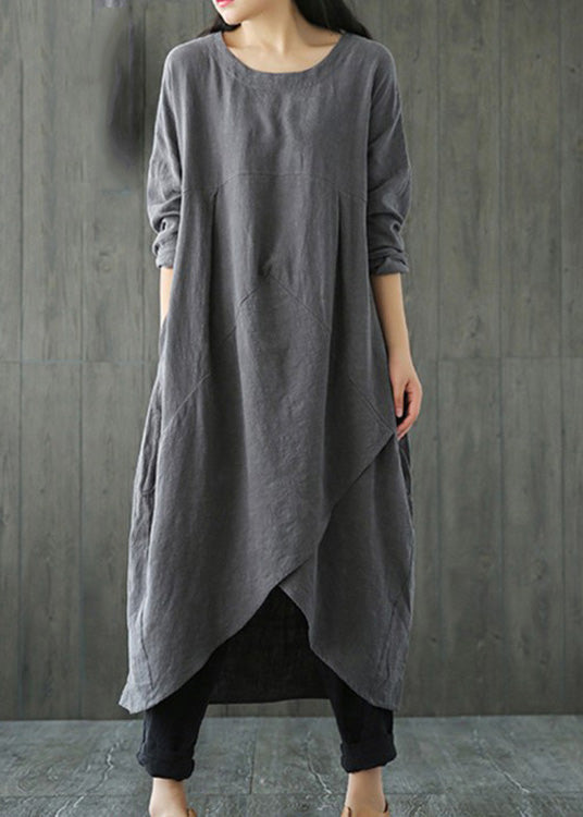 Plus Size Grey Patchwork Linen Long Dresses Spring