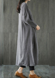 Plus Size Grey Patchwork Linen Long Dresses Spring