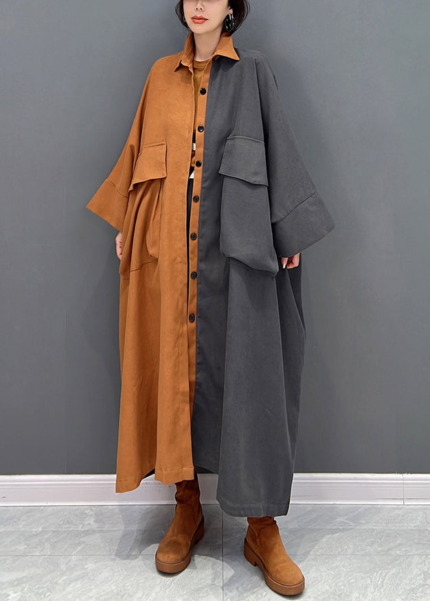 Plus Size Grey Patchwork Orange Peter Pan Button Collar Coat Fall