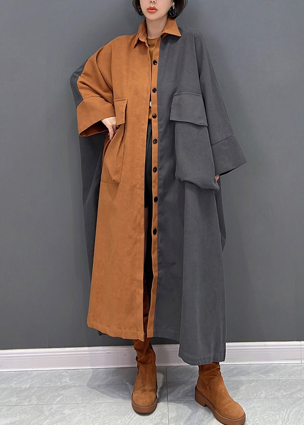 Plus Size Grey Patchwork Orange Peter Pan Button Collar Coat Fall