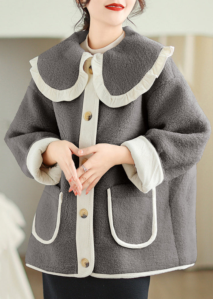 Plus Size Grey Peter Pan Collar Pockets Teddy Faux Fur Coat Winter