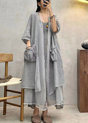 Plus Size Grey Pockets Patchwork Cotton Long Cardigan Summer