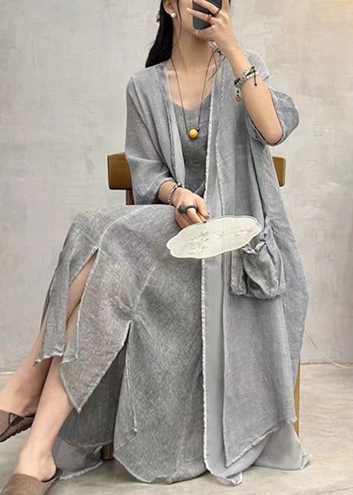 Plus Size Grey Pockets Patchwork Cotton Long Cardigan Summer