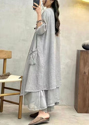 Plus Size Grey Pockets Patchwork Cotton Long Cardigan Summer