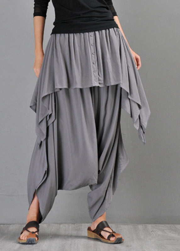 Plus Size Grey Pockets Solid Draping Cotton Pants Skirt Summer