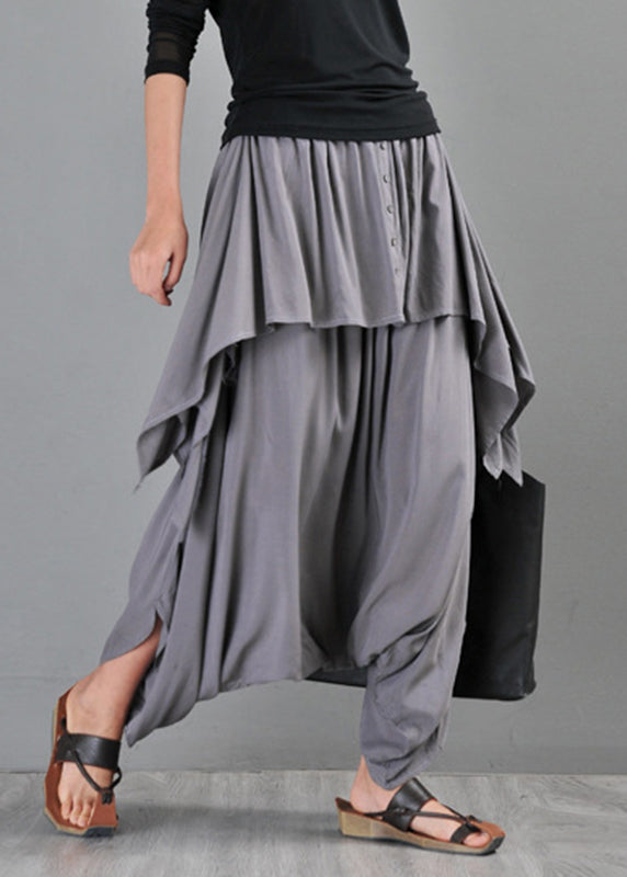 Plus Size Grey Pockets Solid Draping Cotton Pants Skirt Summer