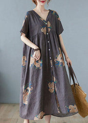 Plus Size Green bamboo Retro Button Summer Print Half Sleeve Maxi Dress