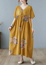 Plus Size Red flower Retro Button Summer Print Half Sleeve Maxi Dress