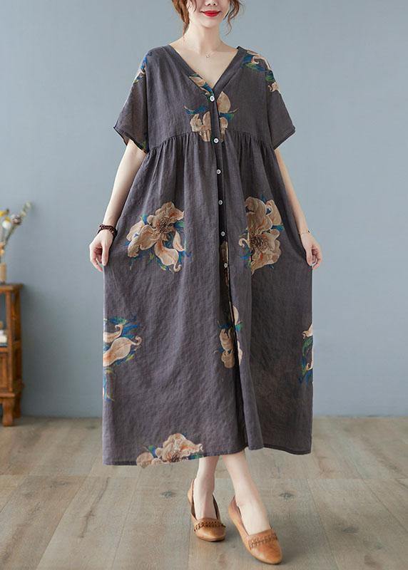 Plus Size Green bamboo Retro Button Summer Print Half Sleeve Maxi Dress