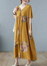 Plus Size Green bamboo Retro Button Summer Print Half Sleeve Maxi Dress