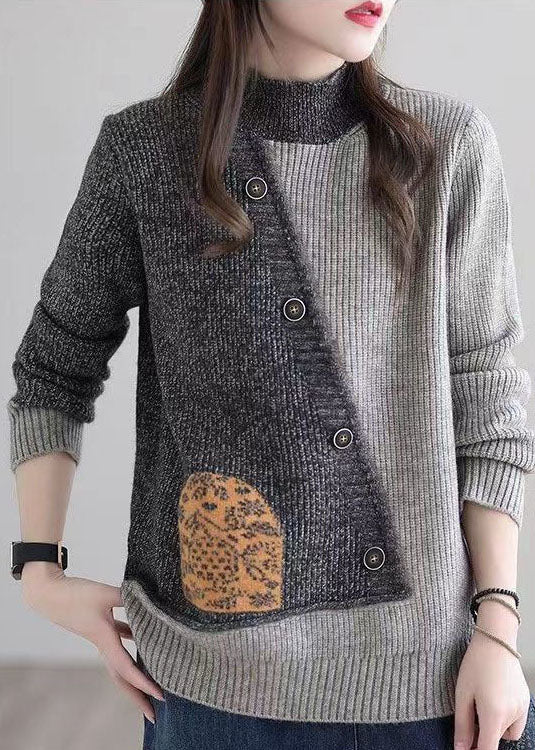 Plus Size Grey Stand Collar Patchwork Button Knit Sweaters Winter