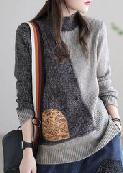 Plus Size Grey Stand Collar Patchwork Button Knit Sweaters Winter