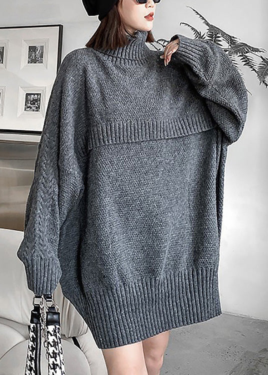 Plus Size Grey Turtleneck Cozy Chunky Oversized Knitted Cotton Sweater Winter