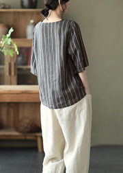 Plus Size Grey V Neck Striped Button Linen Shirts Half Sleeve