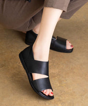 Plus Size Hollow Out Sandals Black Cowhide Leather