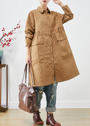 Plus Size Khaki Cinched Plaid Pockets Fine Cotton Filled Trench Winter