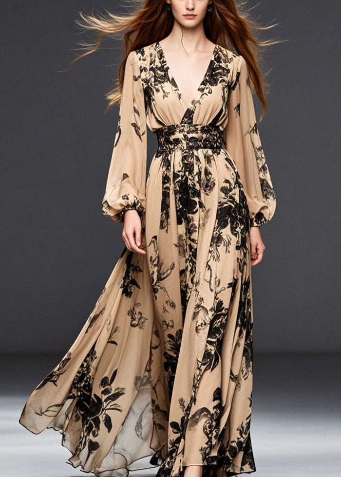 Plus Size Khaki Cinched Print Chiffon Dresses Fall