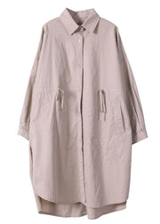 Plus Size Khaki Drawstring Side Open Cotton Shirt Dress Long Sleeve