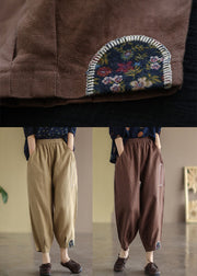 Plus Size Khaki Elastic Waist Patchwork Applique Linen Harem Pants Fall