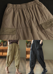 Plus Size Khaki Elastic Waist Patchwork Fine Cotton Filled Harem Pants Winter