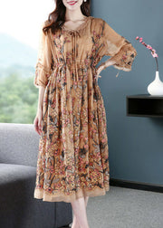 Plus Size Khaki Embroideried Cinched Silk Maxi Dresses Bracelet Sleeve