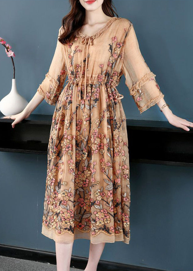 Plus Size Khaki Embroideried Cinched Silk Maxi Dresses Bracelet Sleeve